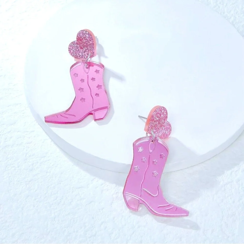 Pink Cowgirl Boot Earring Pink Glitter Heart Stud Western Girly Fashion Jewelry